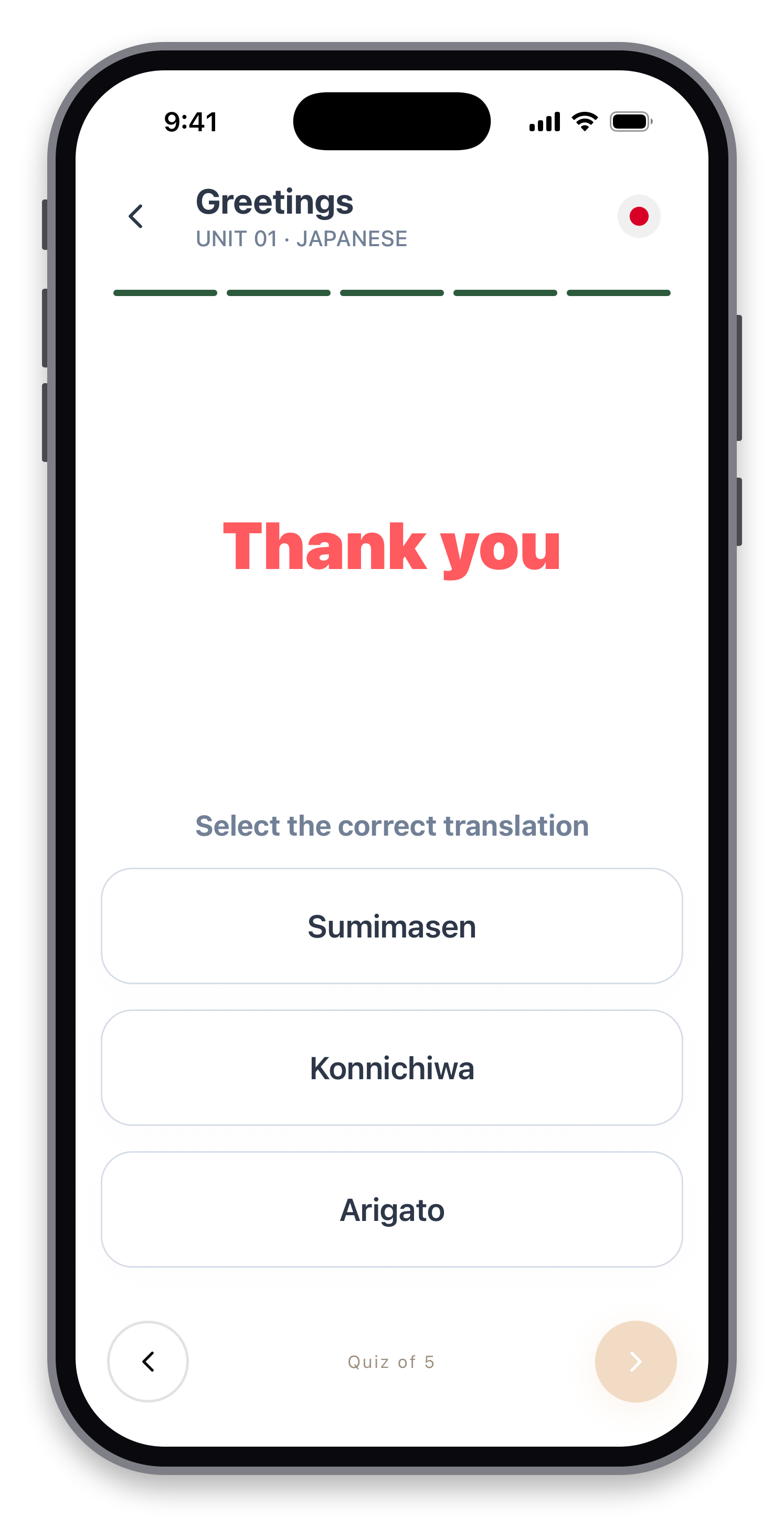 Travelingo quiz question asking for the correct translation of Thank you, with Sumimasen, Konnichiwa and Arigato as options
